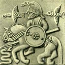 Othinn riding Sleipnir accompanied by ravens, and fighting a serpent [helmet-plate of bronze-from Grave 1 - Vendel, Uppland