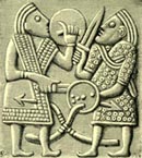 Fighting Warriors - fr. decorative bronze helmet plate [Grave 14 - Vendel, Uppland]